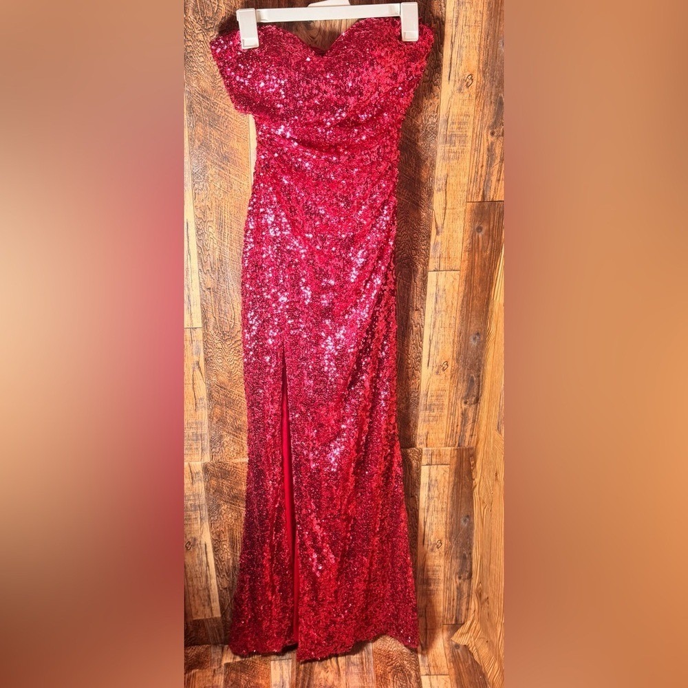 Faviana Radiant Pink Sequin Gown Strapless‎ with Open Back-6